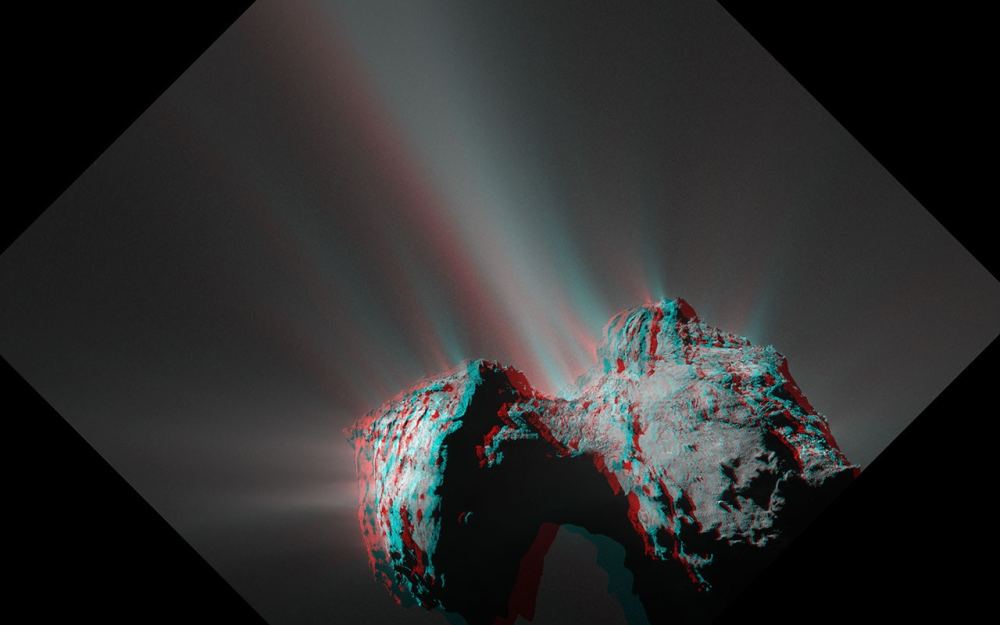 Rosetin snimak kometa 67P u stereo anaglifu: pogled na dvoluku jotu blizu Sunca
