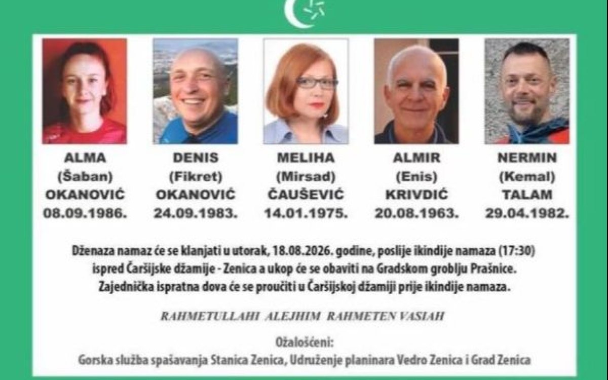 Zenica se oprašta od pet stradalih planinara, dženaza u utorak ispred Čaršijske džamije